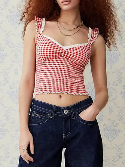 Camis Tops- Women's Gingham Smocked Cami Top- - Pekosa Women Fashion