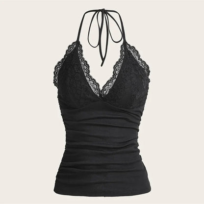 Camis Tops- Women's Halter Cami with Lace Trimmed Bust for Festivals- - Pekosa Women Fashion