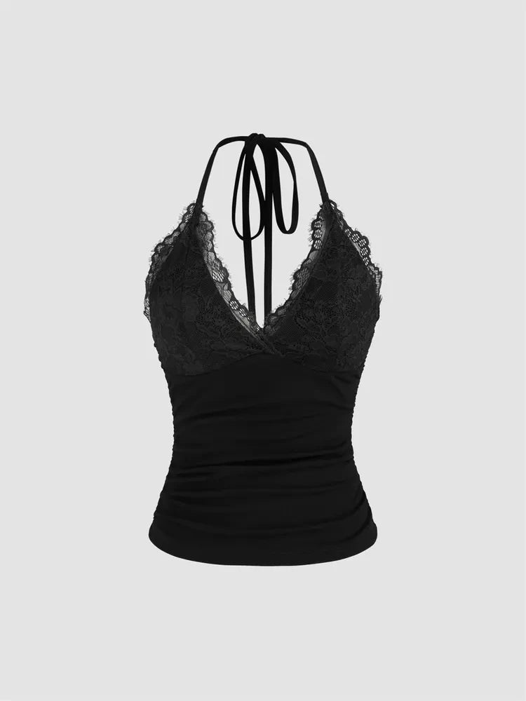 Camis Tops- Women's Halter Cami with Lace Trimmed Bust for Festivals- Black- Pekosa Women Fashion