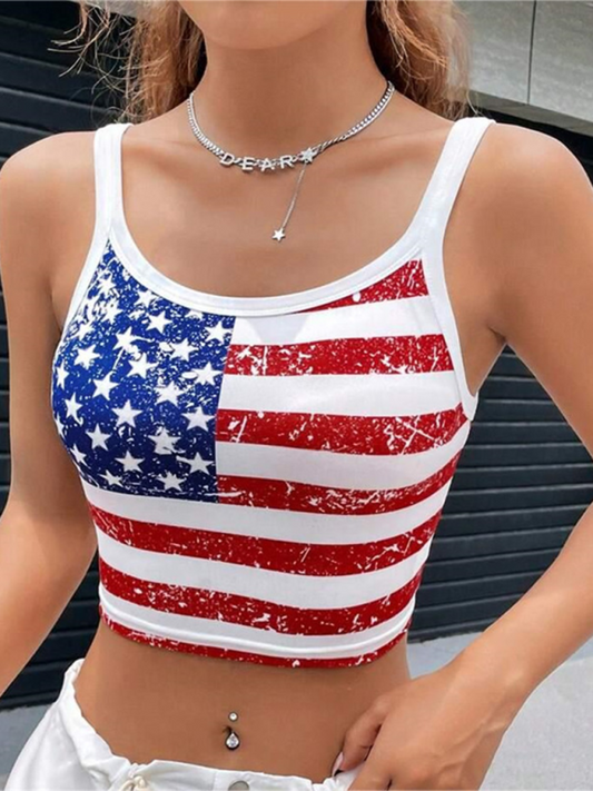 Camis- Women's Crop Cami Top with American Flag Design- White- Pekosa Women Fashion