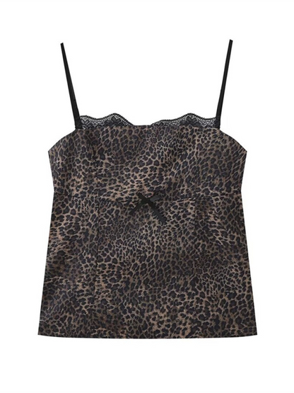 Feline Satin Leopard Print Camisole with Delicate Lace Accents