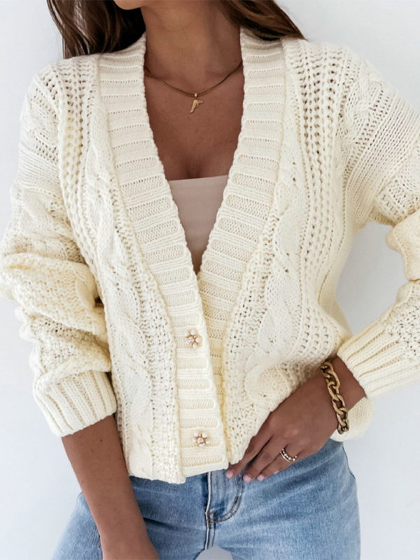 Cardigan Sweaters- Textured Cardigan Cable Knit Crop Sweater- - Pekosa Women Fashion