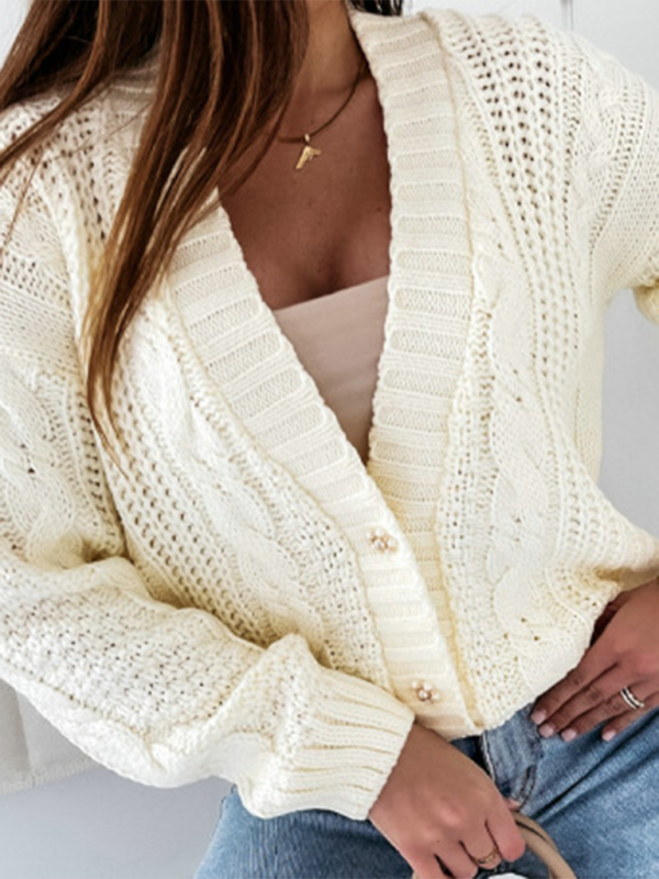 Cardigan Sweaters- Textured Cardigan Cable Knit Crop Sweater- - Pekosa Women Fashion