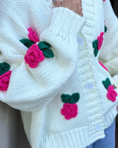 Cardigans - 3D Floral Chunky Knit Cardigan for Cozy Days