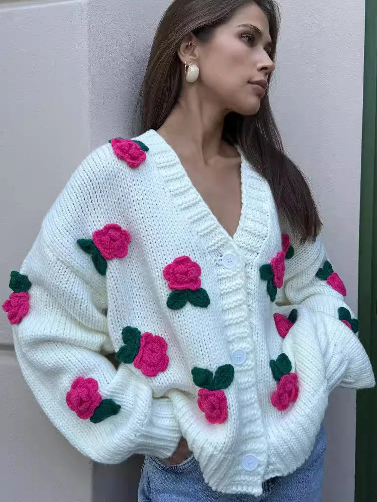 Cardigans - 3D Floral Chunky Knit Cardigan for Cozy Days