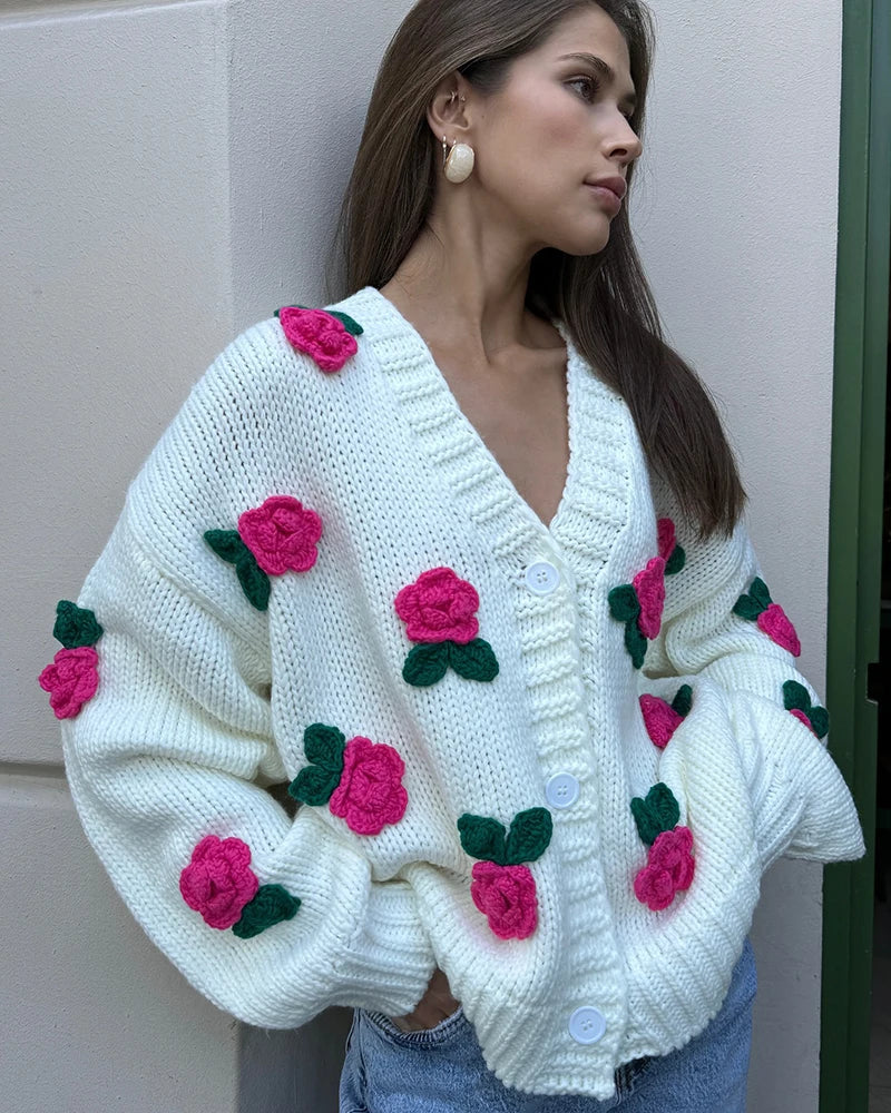 Cardigans - 3D Floral Chunky Knit Cardigan for Cozy Days