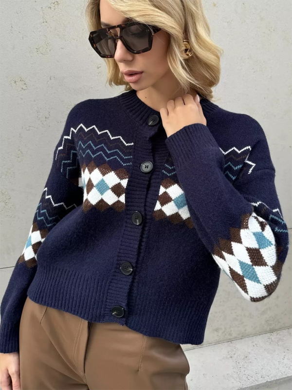 Cardigans - Argyle Check Knit Cropped Cardigan