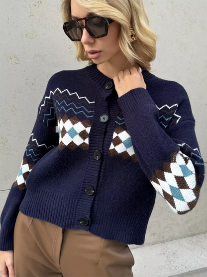 Cardigans- Argyle Check Knit Cropped Cardigan