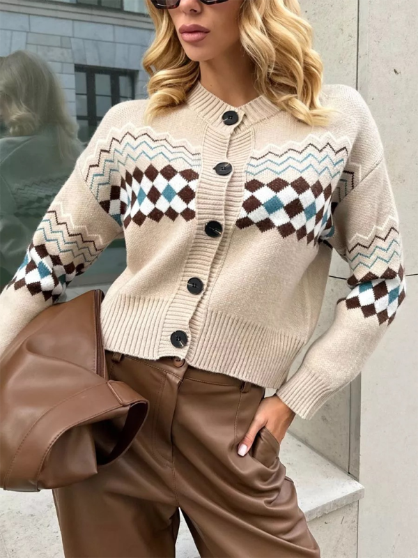 Cardigans - Argyle Check Knit Cropped Cardigan