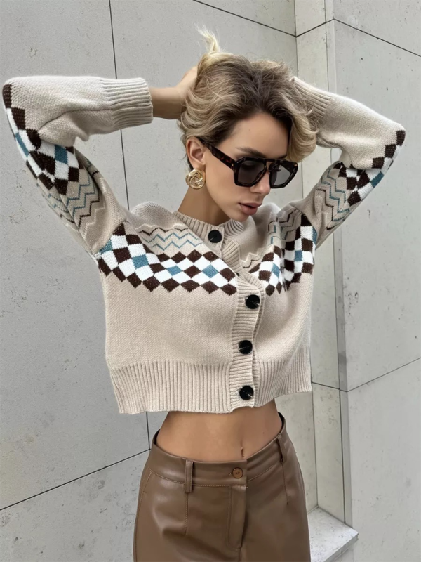 Cardigans- Argyle Check Knit Cropped Cardigan