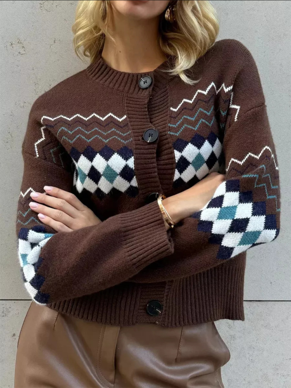 Cardigans - Argyle Check Knit Cropped Cardigan