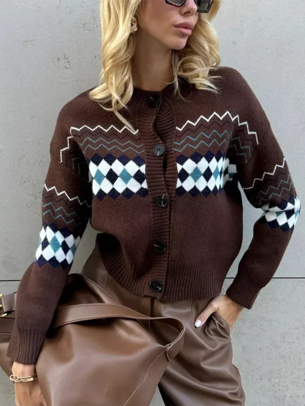 Cardigans - Argyle Check Knit Cropped Cardigan