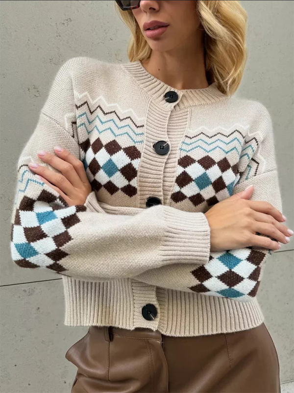 Cardigans - Argyle Check Knit Cropped Cardigan