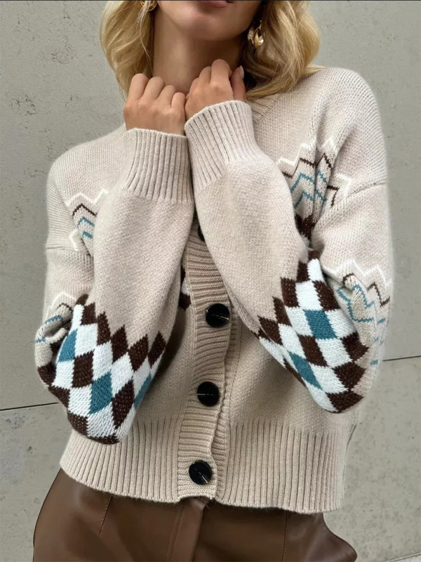 Cardigans - Argyle Check Knit Cropped Cardigan