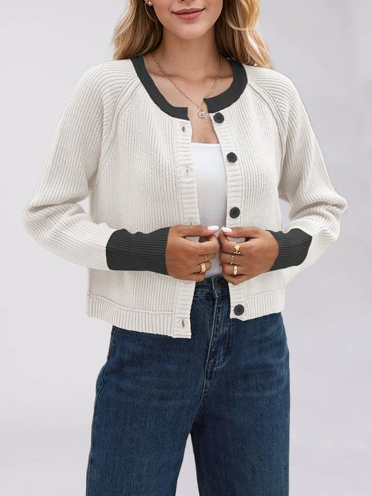 Cardigans - Buttoned Crop Cardigan Dual-tone Knit Jacket