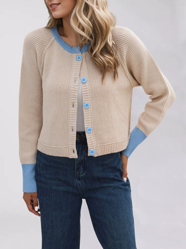 Cardigans - Buttoned Crop Cardigan Dual-tone Knit Jacket