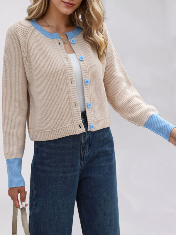 Cardigans - Buttoned Crop Cardigan Dual-tone Knit Jacket