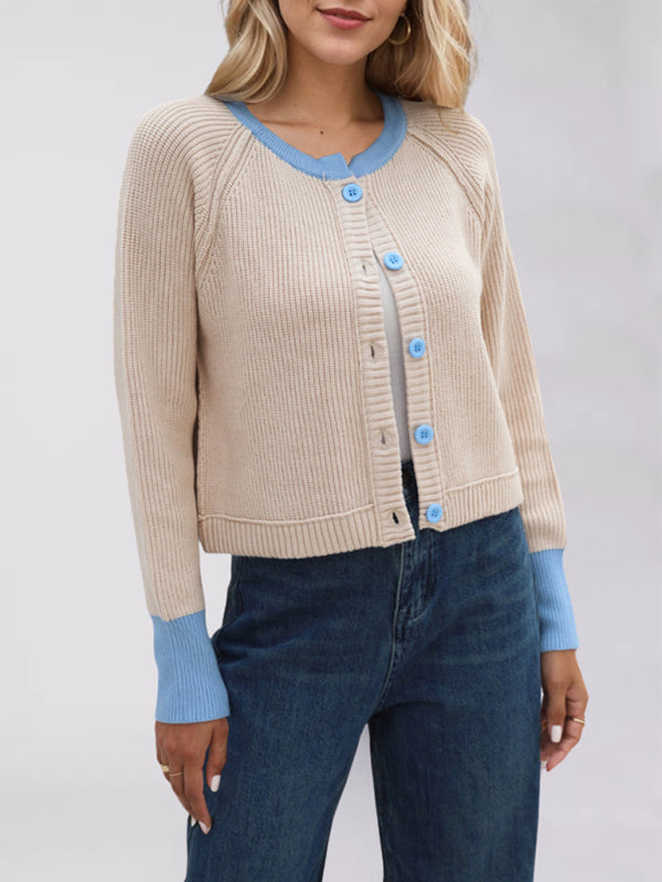 Cardigans - Buttoned Crop Cardigan Dual-tone Knit Jacket