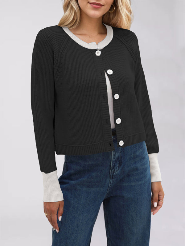 Cardigans - Buttoned Crop Cardigan Dual-tone Knit Jacket