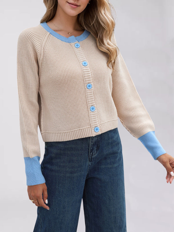 Cardigans - Buttoned Crop Cardigan Dual-tone Knit Jacket