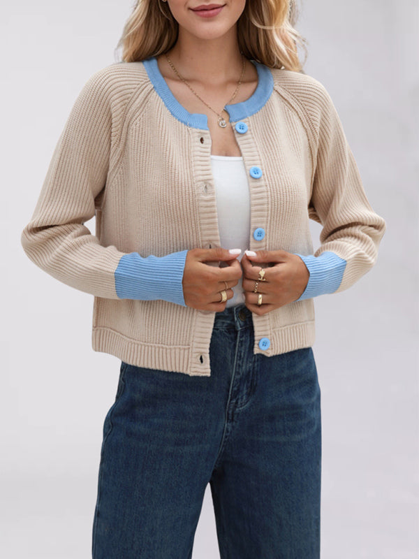 Cardigans - Buttoned Crop Cardigan Dual-tone Knit Jacket