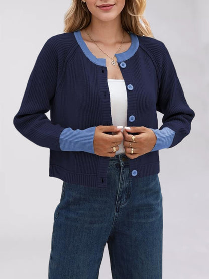 Cardigans - Buttoned Crop Cardigan Dual-tone Knit Jacket