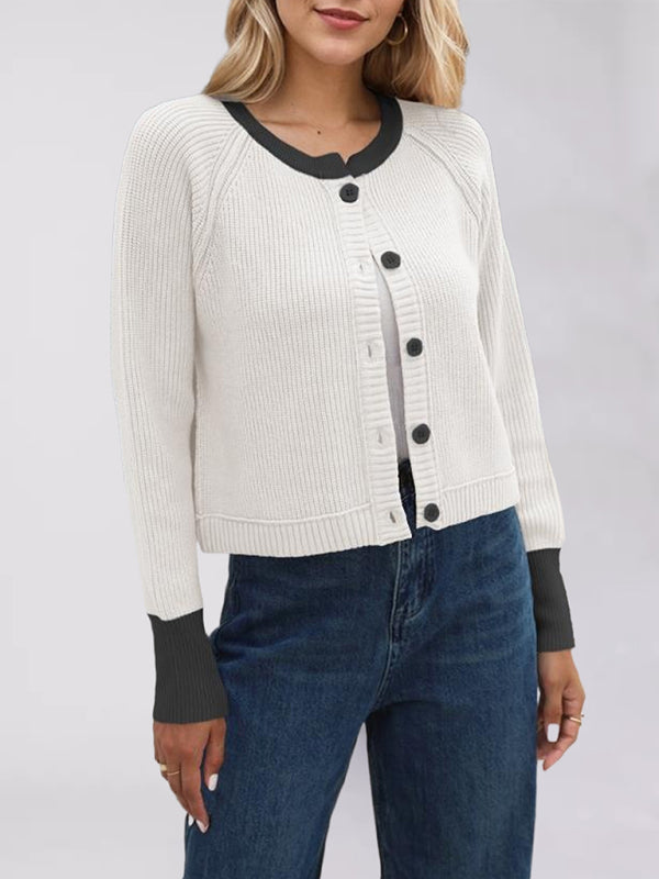 Cardigans - Buttoned Crop Cardigan Dual-tone Knit Jacket