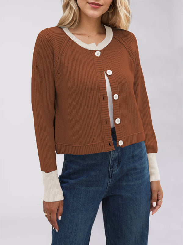 Cardigans - Buttoned Crop Cardigan Dual-tone Knit Jacket