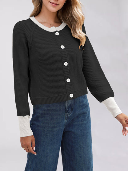 Cardigans - Buttoned Crop Cardigan Dual-tone Knit Jacket