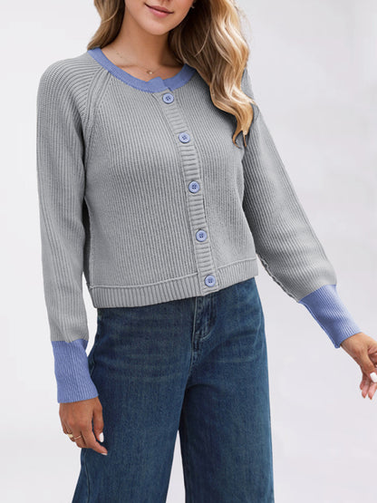 Cardigans - Buttoned Crop Cardigan Dual-tone Knit Jacket