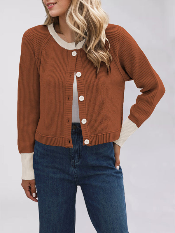 Cardigans - Buttoned Crop Cardigan Dual-tone Knit Jacket