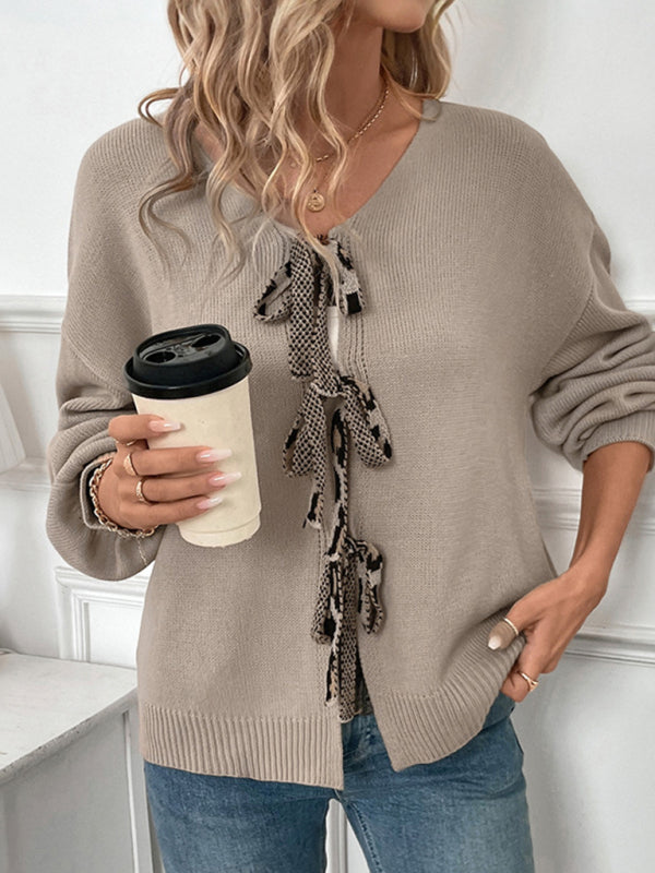 Cardigans - Casual Tie-Up Sweater with Heart Back Oversized Cardigan