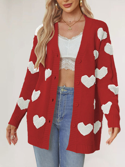 Cardigans - Casual Valentine's Day Heart Patterned Sweater