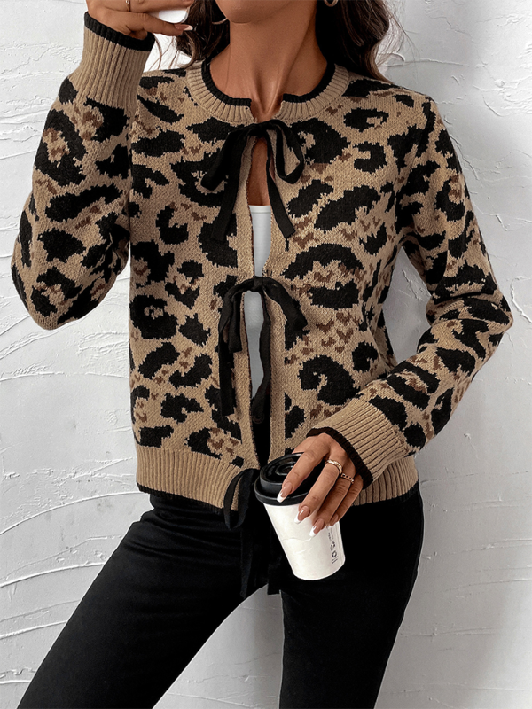 Cardigans - Chic Leopard Print Bow Tie Cardigan