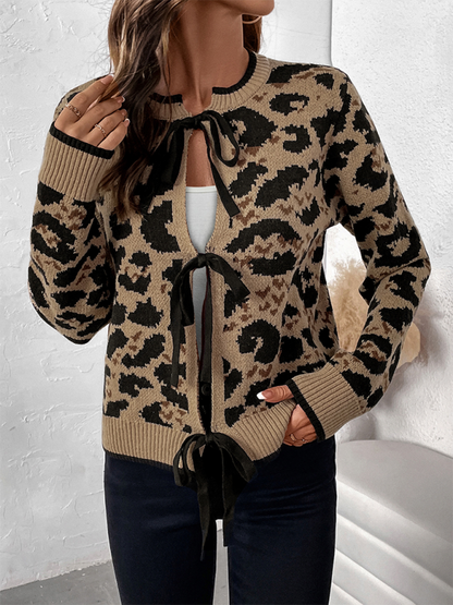 Cardigans - Chic Leopard Print Bow Tie Cardigan