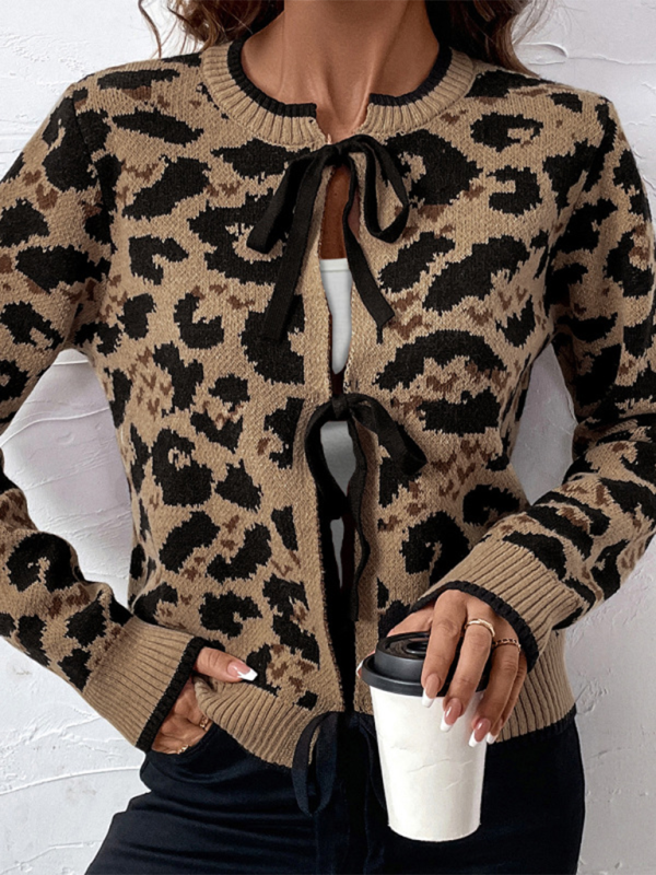 Cardigans - Chic Leopard Print Bow Tie Cardigan