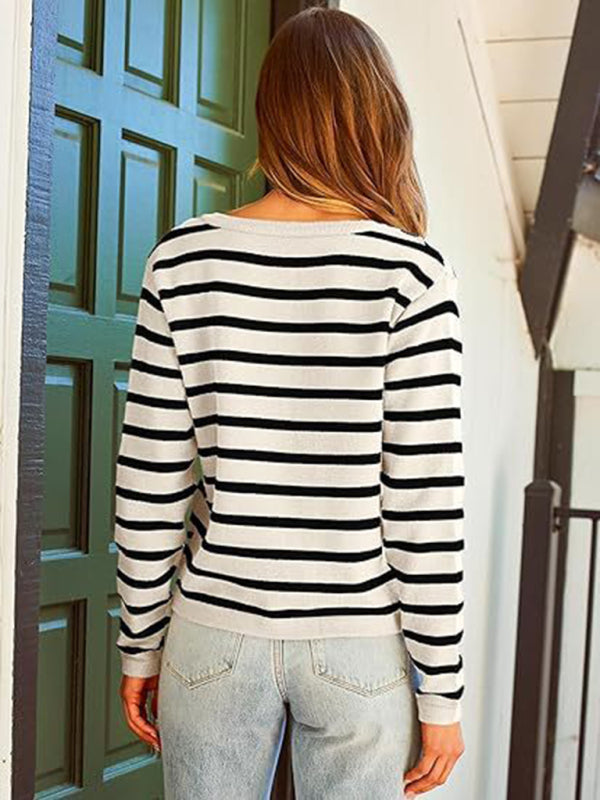 Cardigans - Classic Striped Cardigan Sweater with Golden Buttons