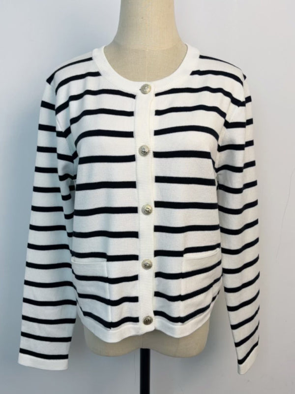 Cardigans - Classic Striped Cardigan Sweater with Golden Buttons