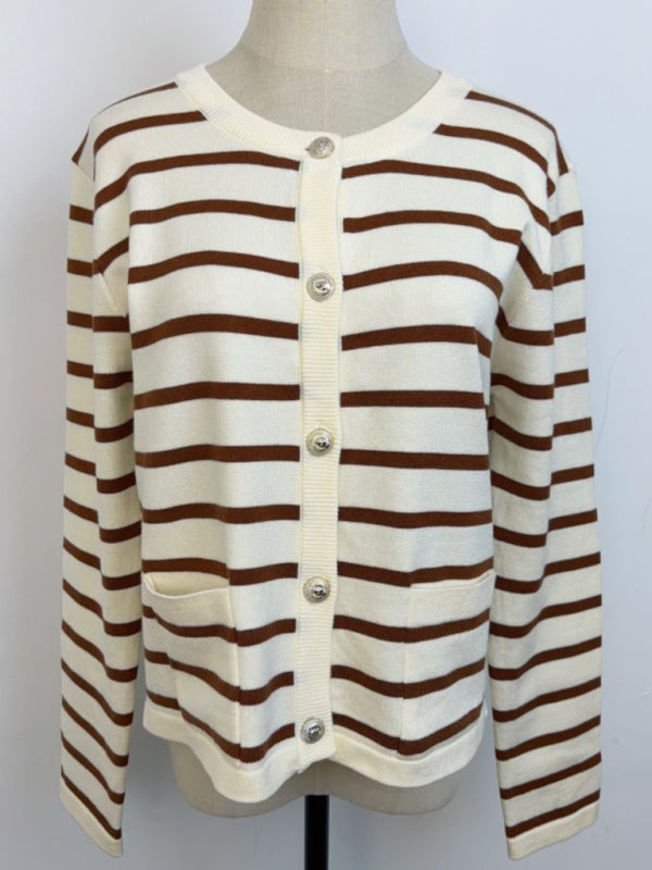 Cardigans - Classic Striped Cardigan Sweater with Golden Buttons