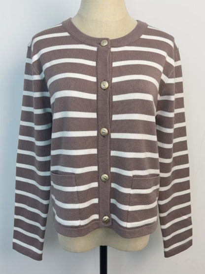 Cardigans - Classic Striped Cardigan Sweater with Golden Buttons