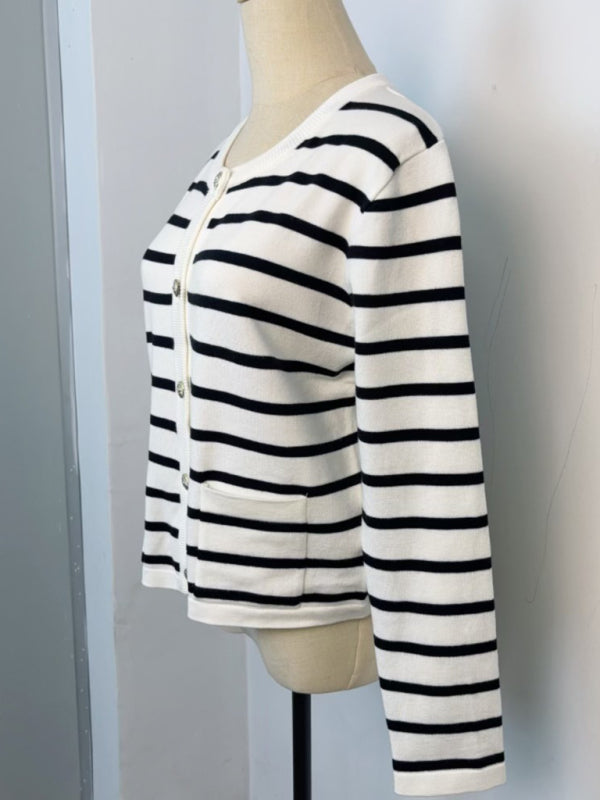 Cardigans - Classic Striped Cardigan Sweater with Golden Buttons