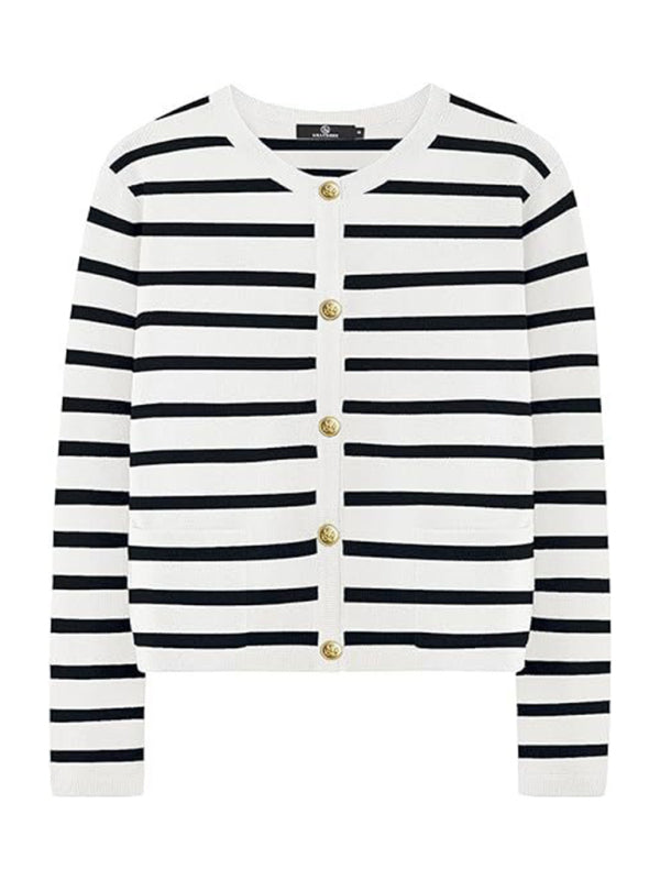 Cardigans - Classic Striped Cardigan Sweater with Golden Buttons