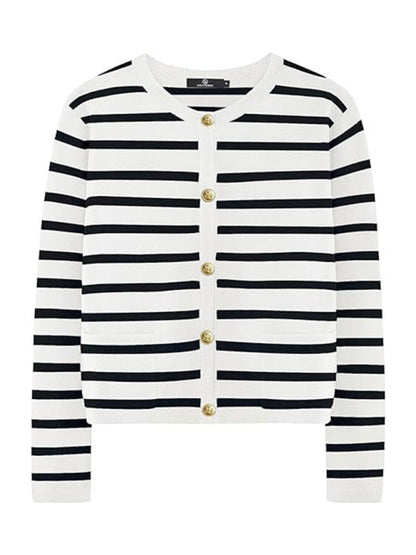 Cardigans - Classic Striped Cardigan Sweater with Golden Buttons