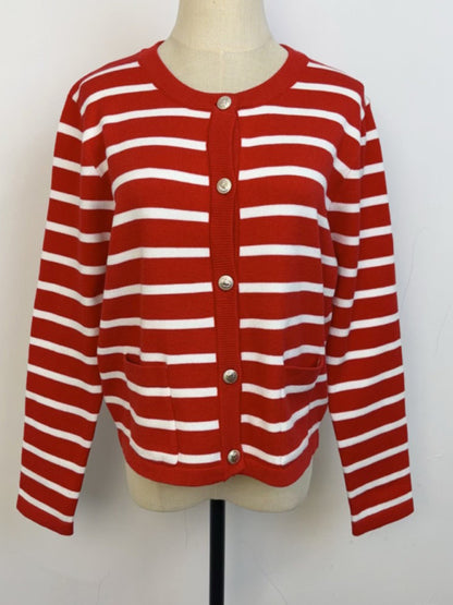 Cardigans - Classic Striped Cardigan Sweater with Golden Buttons