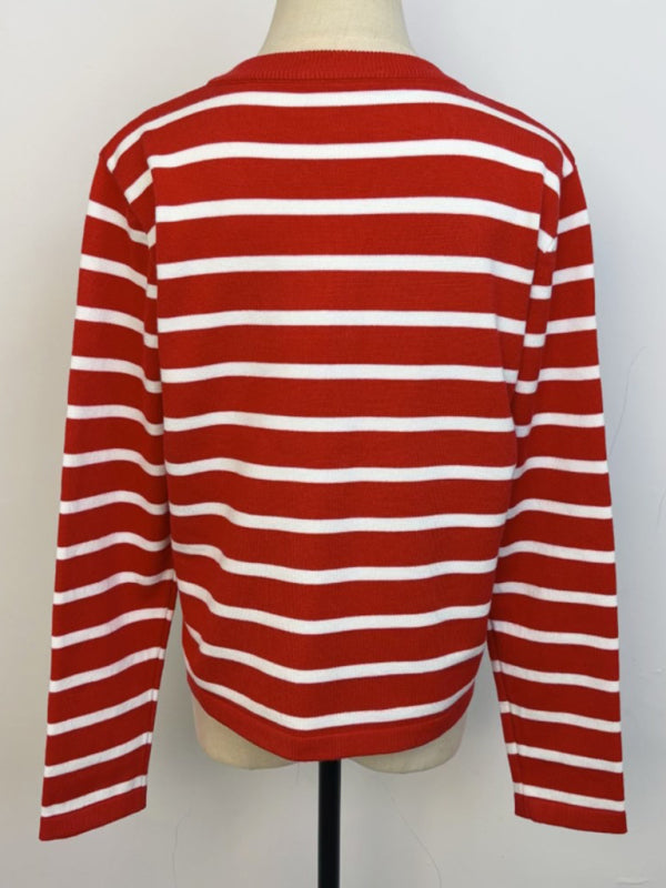 Cardigans - Classic Striped Cardigan Sweater with Golden Buttons