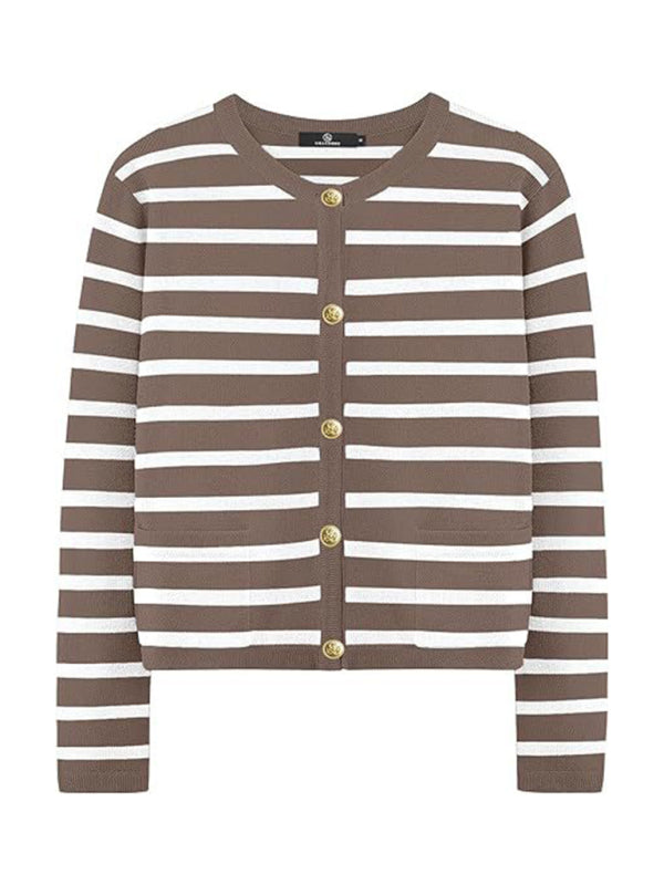 Cardigans - Classic Striped Cardigan Sweater with Golden Buttons