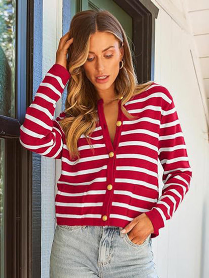 Cardigans - Classic Striped Cardigan Sweater with Golden Buttons