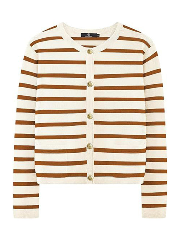 Cardigans - Classic Striped Cardigan Sweater with Golden Buttons