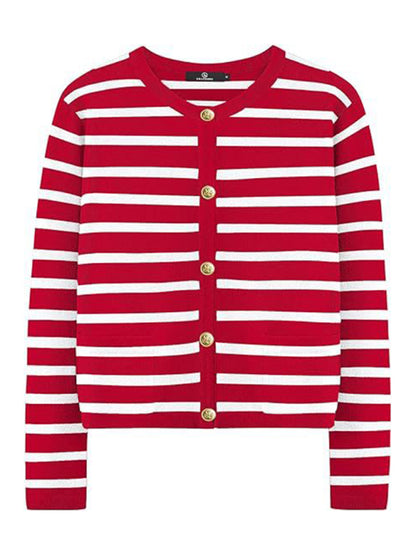 Cardigans - Classic Striped Cardigan Sweater with Golden Buttons