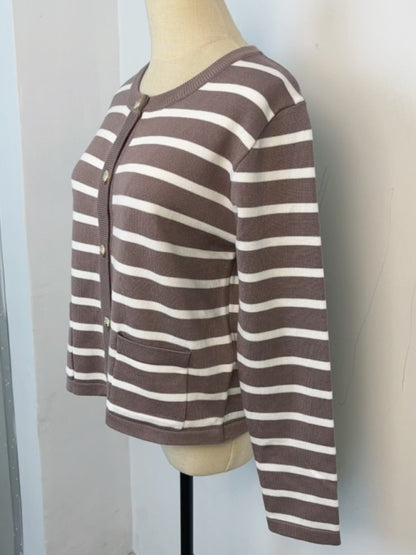 Cardigans - Classic Striped Cardigan Sweater with Golden Buttons